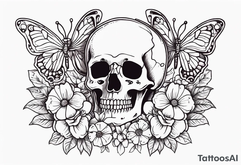 skeleton with body and flowers around it vintage sketch pretty and butterflies tattoo idea