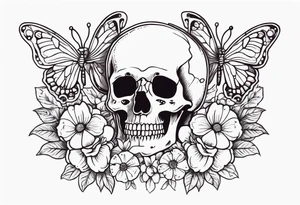 skeleton with body and flowers around it vintage sketch pretty and butterflies tattoo idea