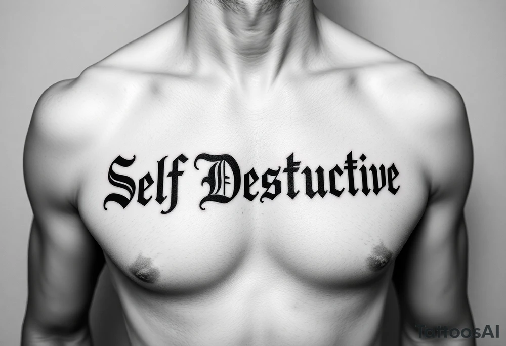 The words Self Destructive in Chicano/old English lettering across the chest tattoo idea
