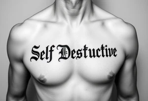 The words Self Destructive in Chicano/old English lettering across the chest tattoo idea