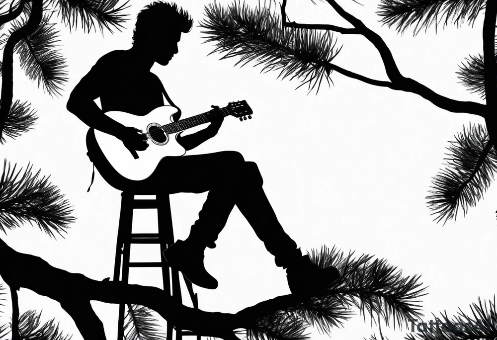 silhouette of a man sitting in a pine tree playing electric guitar tattoo idea