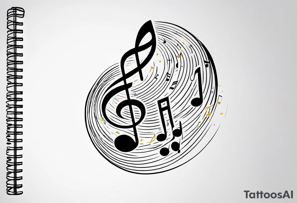 Slightly open spiral notebook with music notes coming out of it tattoo idea