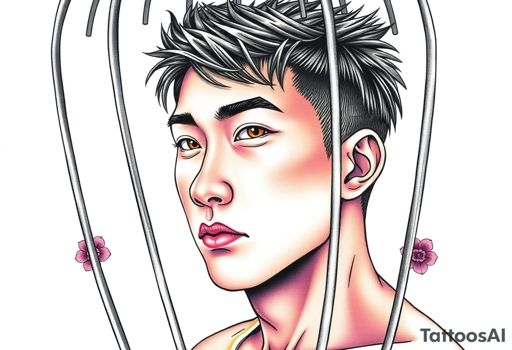 Handsome Asian young guy in a cage tattoo idea