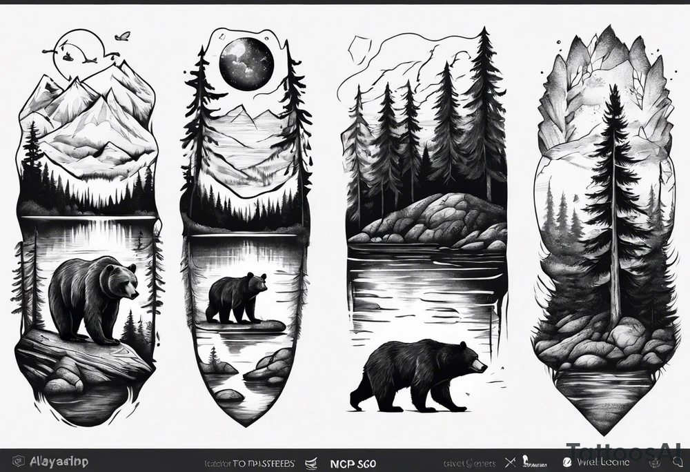 bear, forest, lake, appalachia, arm sleeve tattoo tattoo idea