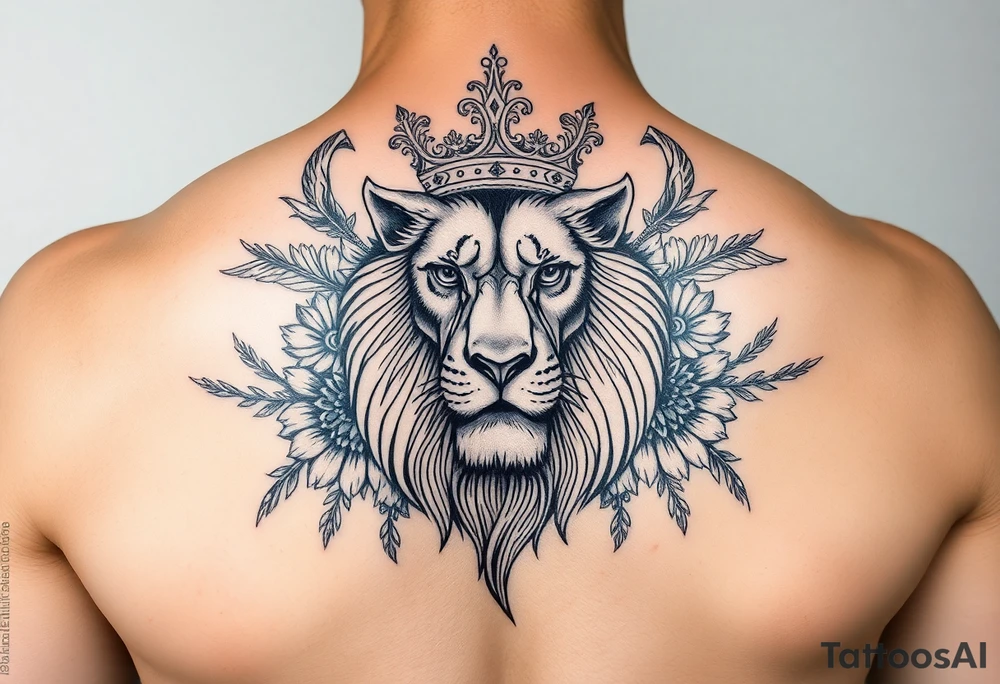 powerful majestic lion with a crown, surrounded by floral ornaments and birds tattoo idea