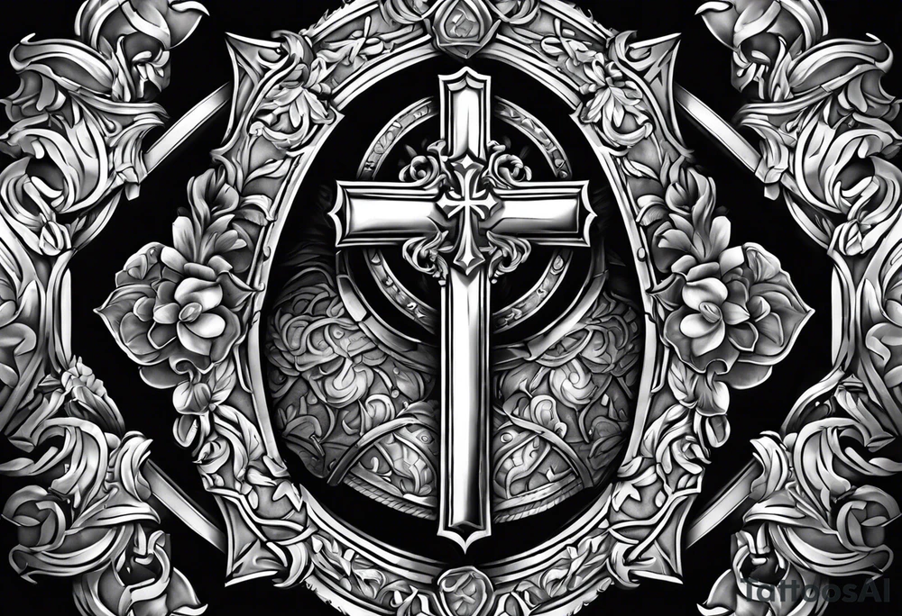 pauldron armor piece with a cross in the center and a dogs pawprint tattoo idea