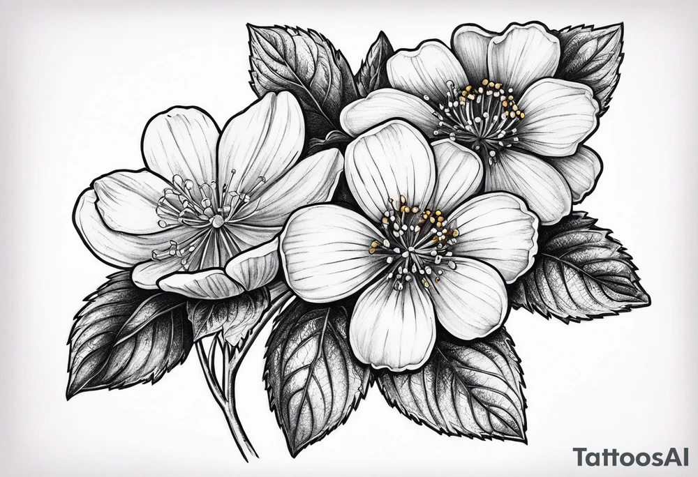 Can you please design a wildflower tattoo with 2 violets as the focal point.  I would like a small blueberry and a small strawberry in the tattoo.  I would like it black and white.  I would like this on my left shoulder cap extending down my upper arm. tattoo idea