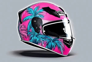 Formula 1 helment with a palm tree and black pink and light blue color tattoo idea