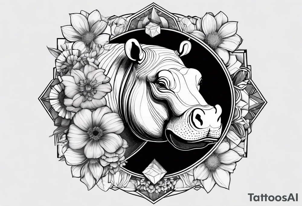 Hippo, flowers, moon, interstella, artic surreal,
Extreme fine lines, tribal, geometric, tattoo idea