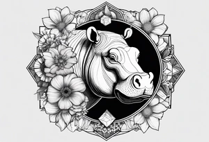 Hippo, flowers, moon, interstella, artic surreal, 
Extreme fine lines, tribal, geometric, tattoo idea