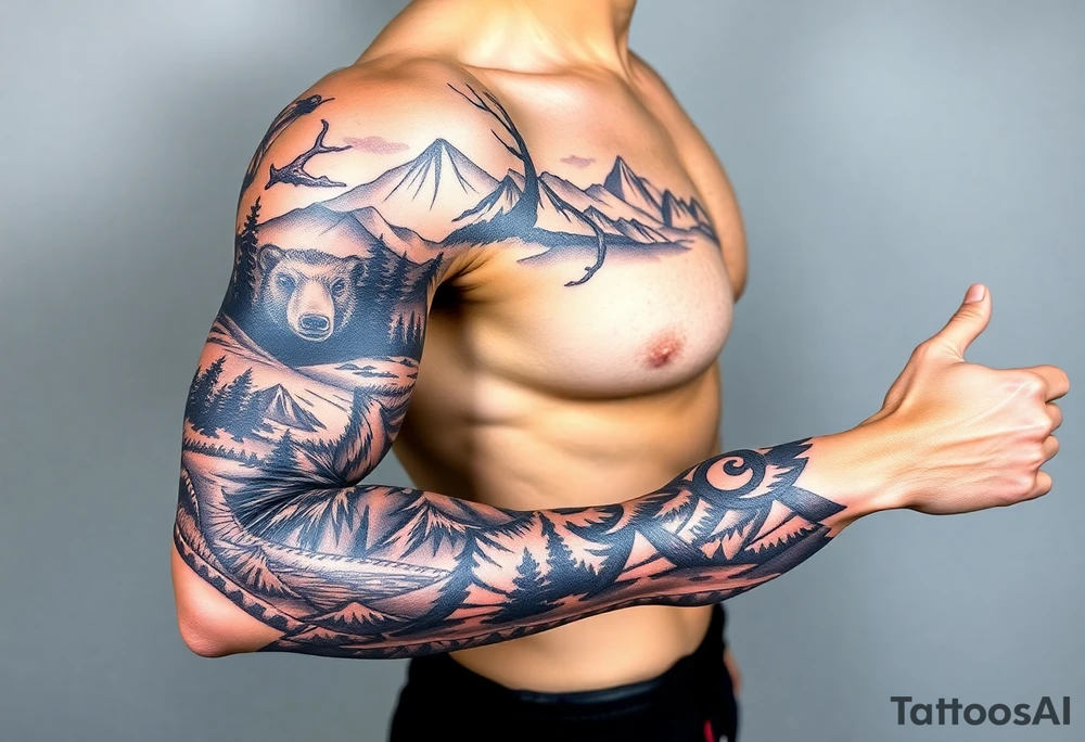 A full-sleeve with the Härjedalen landscape, reindeer, bear, lakes, tattoo idea