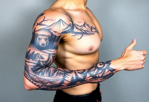 A full-sleeve with the Härjedalen landscape, reindeer, bear, lakes, tattoo idea