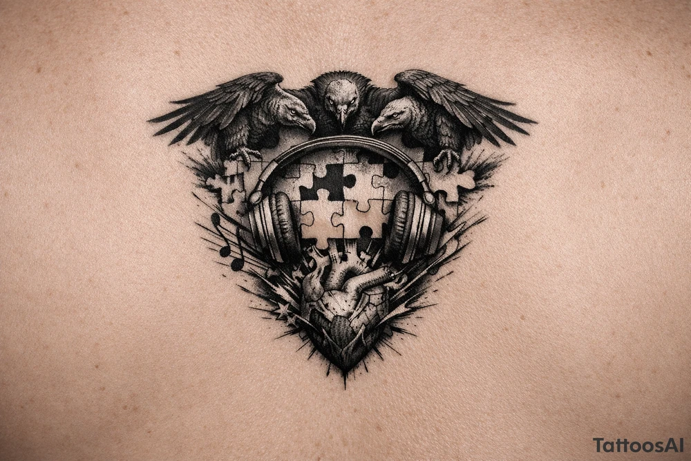 Dark thoughts move like voltures, music helps put my puzzle of life back together before the pressure in my bloodstream explodes tattoo idea