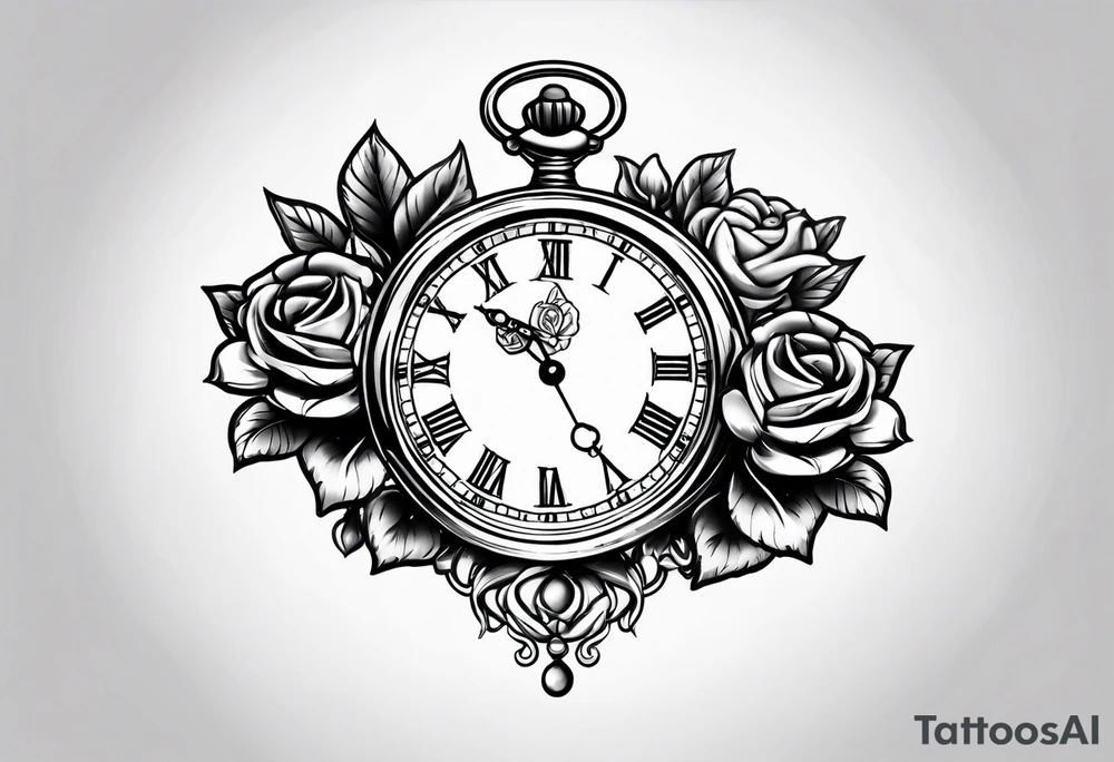 Pocket watch with chain and roses tattoo idea