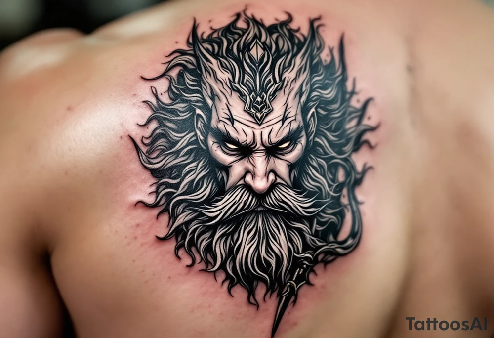 close-up gentle poseidon behind a trident tattoo idea