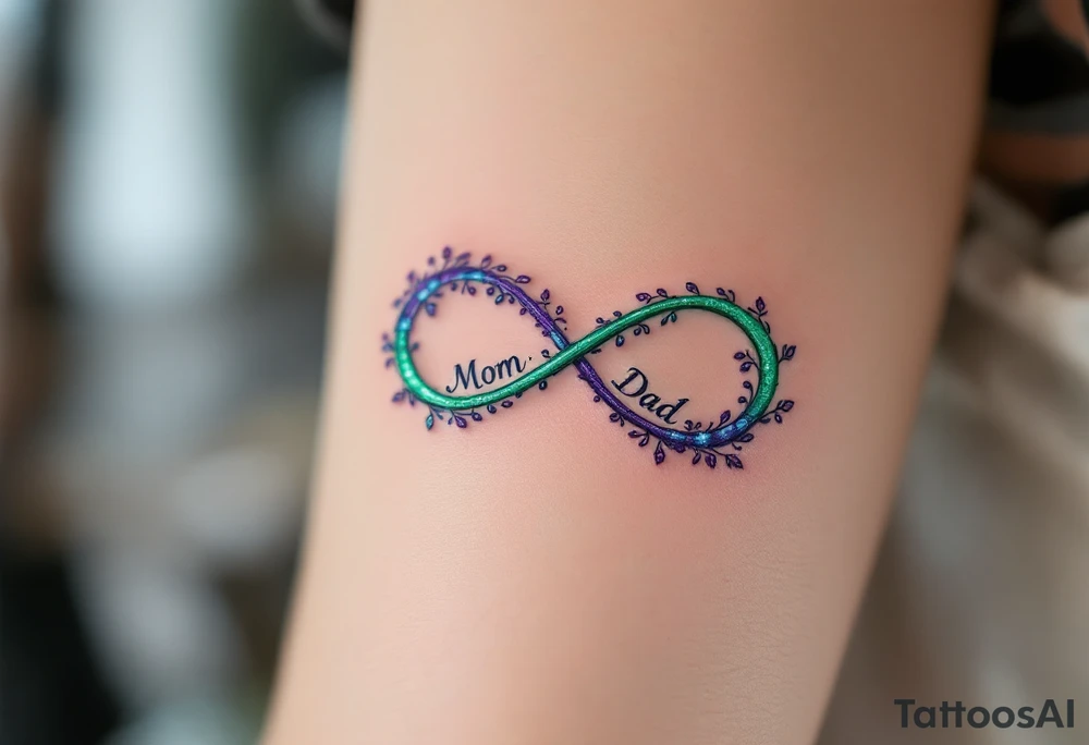 A delicate infinity symbol in violet and emerald green with “Mom  Dad” intertwined. tattoo idea