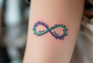 A delicate infinity symbol in violet and emerald green with “Mom  Dad” intertwined. tattoo idea
