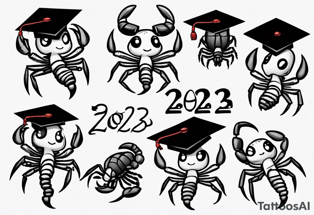 cute scorpion wearing a graduation cap that says 2023, with the background that represents game development and designs tattoo idea