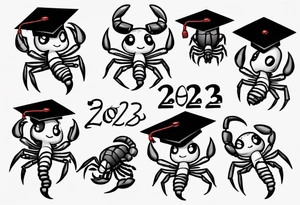 cute scorpion wearing a graduation cap that says 2023, with the background that represents game development and designs tattoo idea