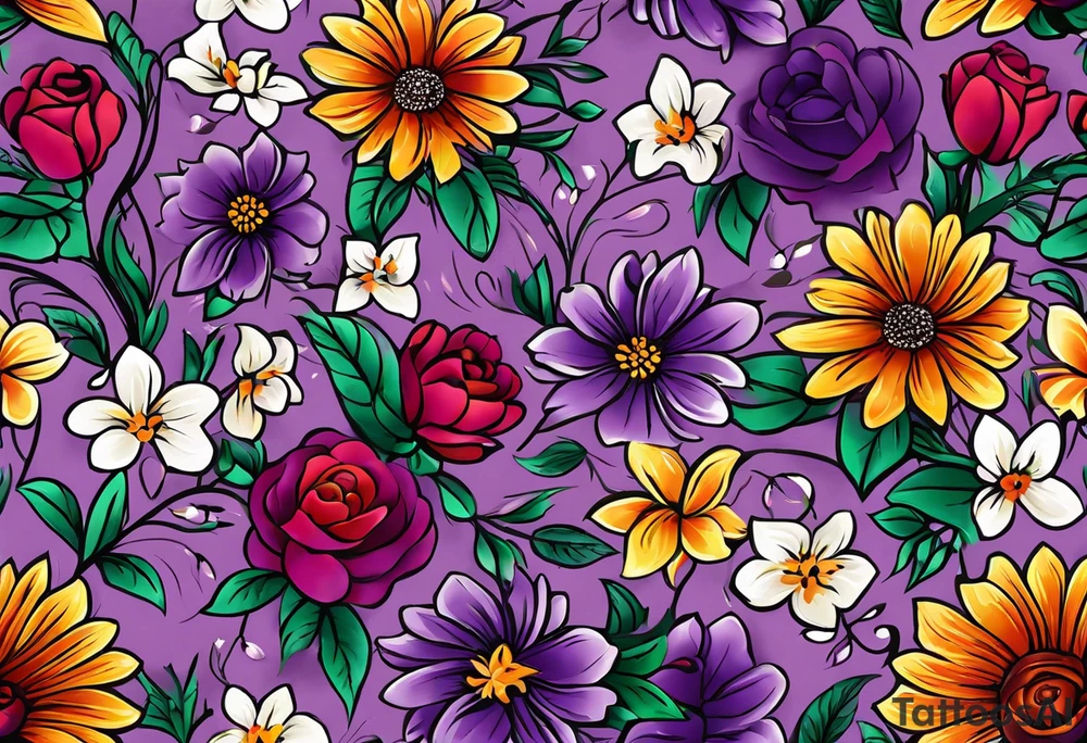 I'm looking for a tattoo design that beautifully reflects the essence of both my grandma. My grandma, a vibrant soul, adores the color purple and finds solace in her weekly visits to church and the bustling farmers' market. She would always help those people in the farmers market by buying their produce. tattoo idea