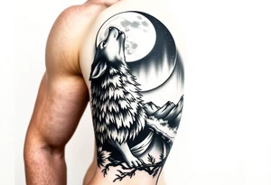 lone wolf howling at full moon with northern lights backdrop tattoo idea