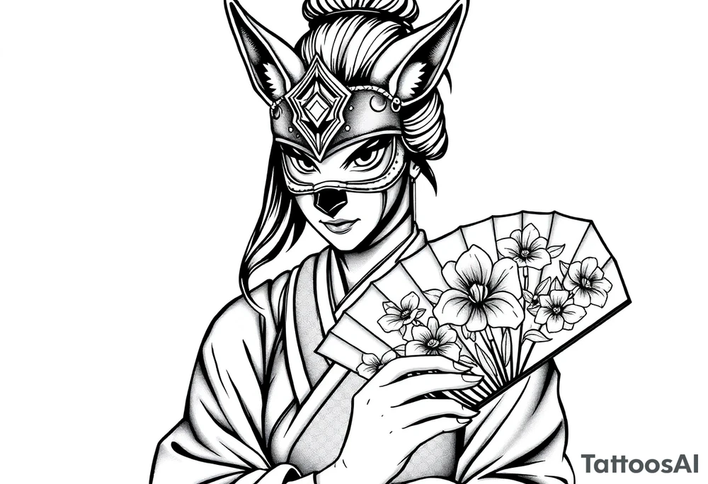 japanese samurai woman wearing a kitsune half-mask and  holding a fan with irises flowers ornement tattoo idea