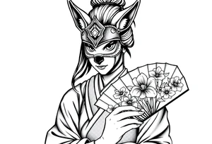 japanese samurai woman wearing a kitsune half-mask and  holding a fan with irises flowers ornement tattoo idea