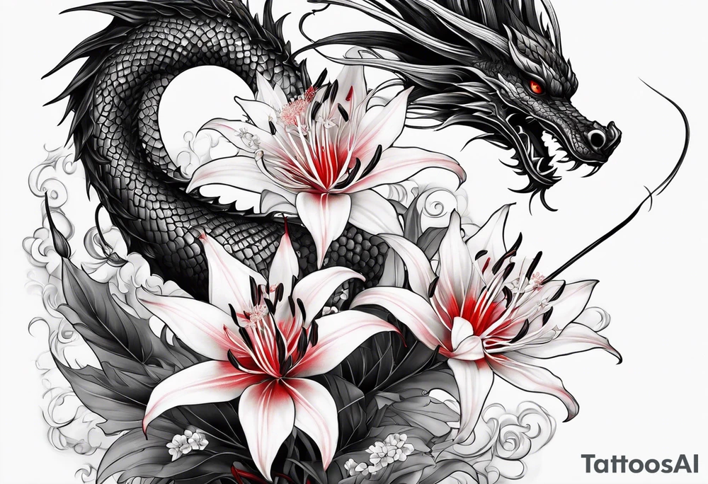 Black Dragon, 
Red Spider Lily, minamalistic tattoo idea