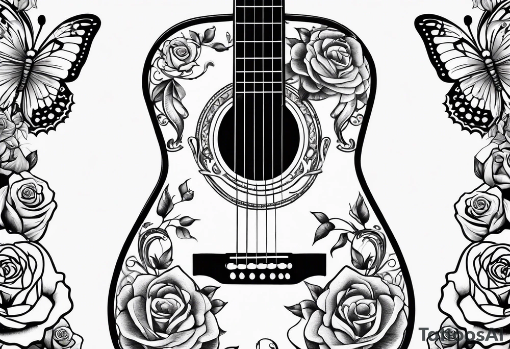 Acoustic guitar with 
roses and butterflies on the right side only tattoo idea