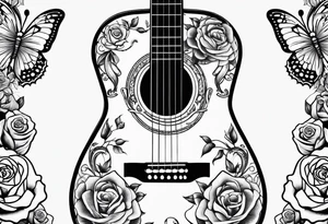 Acoustic guitar with 
roses and butterflies on the right side only tattoo idea
