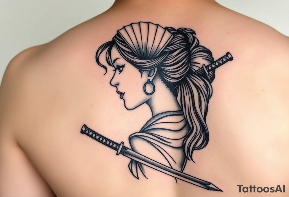 Profile of woman with Japanese fan and samurai sword tattoo idea