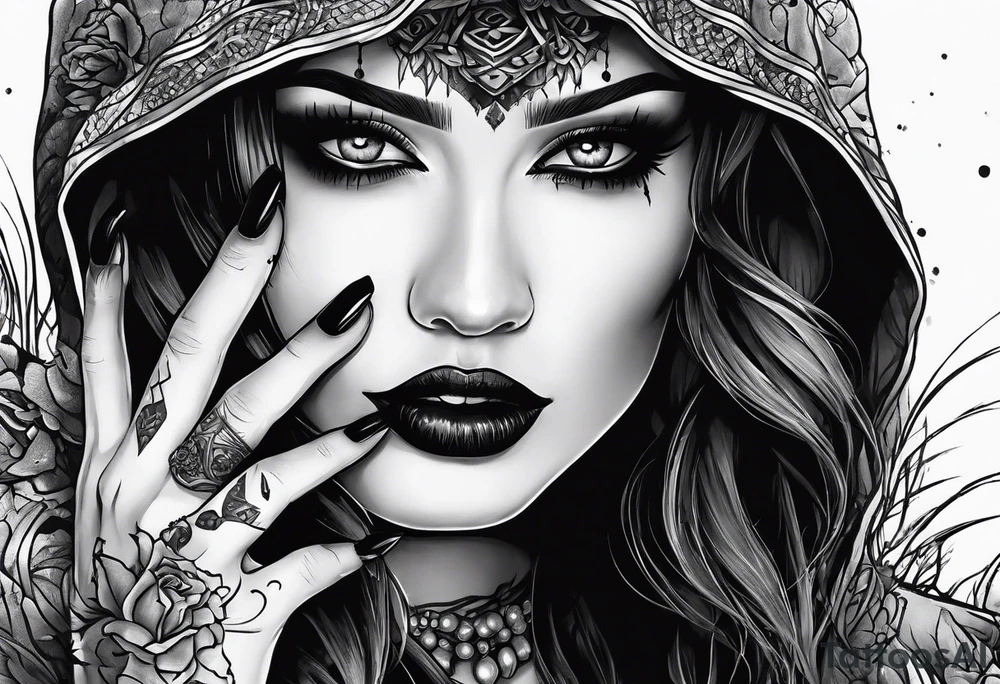 Horror women’s fingers with nails close half of her face tattoo idea