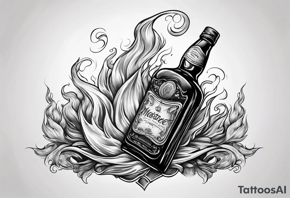 Flaming rag hanging out of whiskey bottle tattoo idea