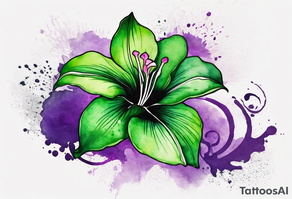 A mystical outline of a green and purple rio dipladenia flower and a green and purple watercolor splash in the background tattoo idea