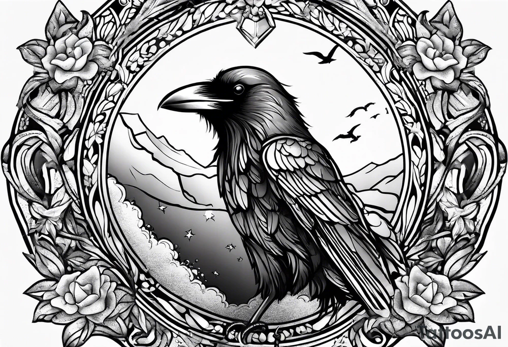 Inside a stamp, small raven, “may angels lead you in” tattoo idea