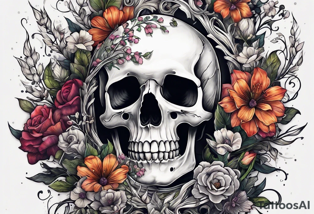 buried skeleton with flowers growing out of it tattoo idea
