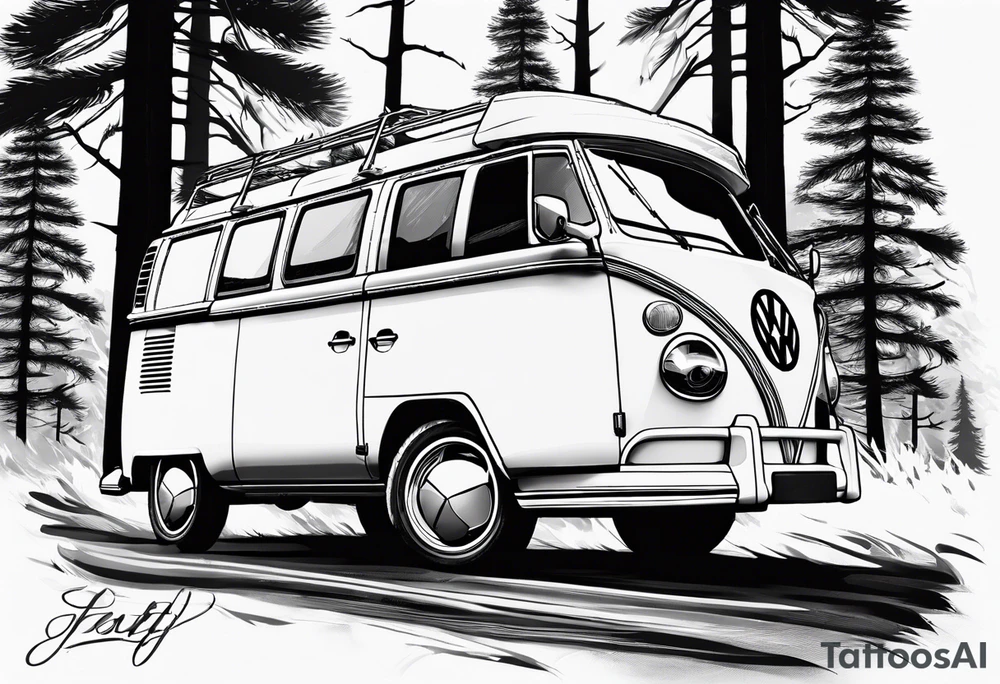 VW california t6 in Front of a pine tree tattoo idea