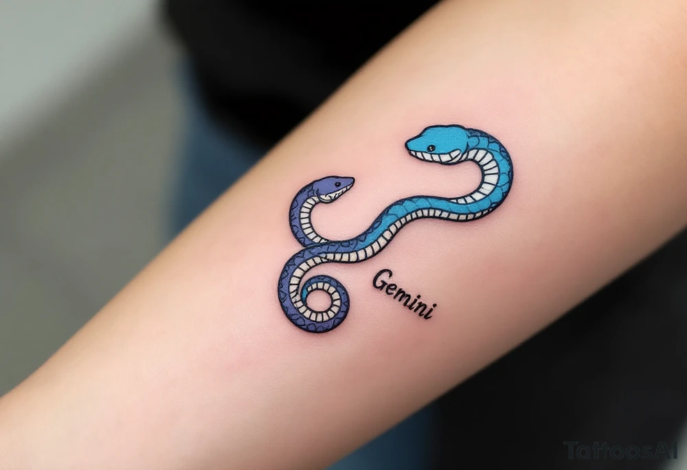 A minimalist twin snake design, one outlined in black and the other in electric blue, intertwined in a spiral and With word "Gemini" tattoo idea