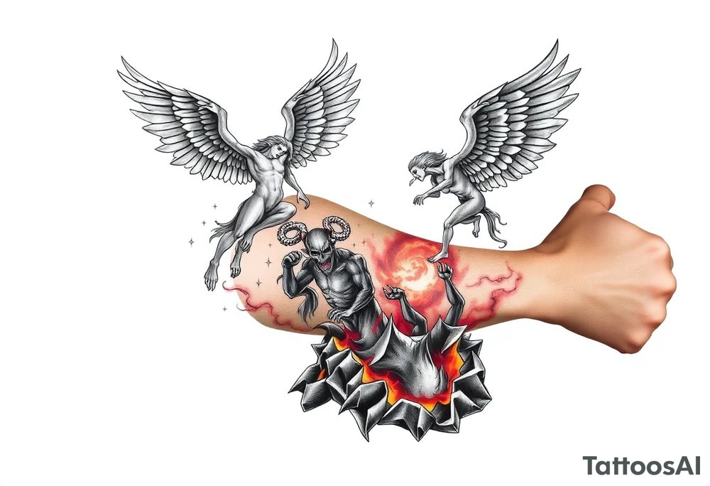Heaven’s angels fighting hells demons. Angels flying and demons climbing up out of hell tattoo idea