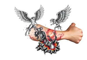 Heaven’s angels fighting hells demons. Angels flying and demons climbing up out of hell tattoo idea