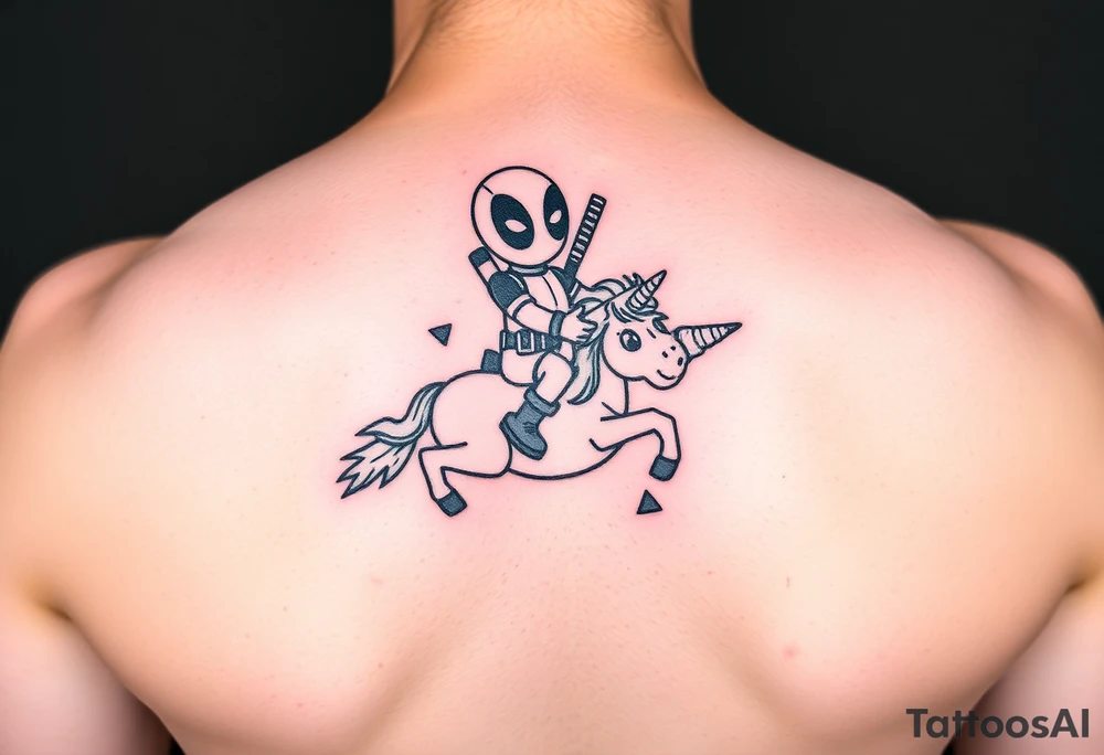 Deadpool riding unicorn holding rocket tattoo idea