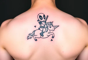 Deadpool riding unicorn holding rocket tattoo idea