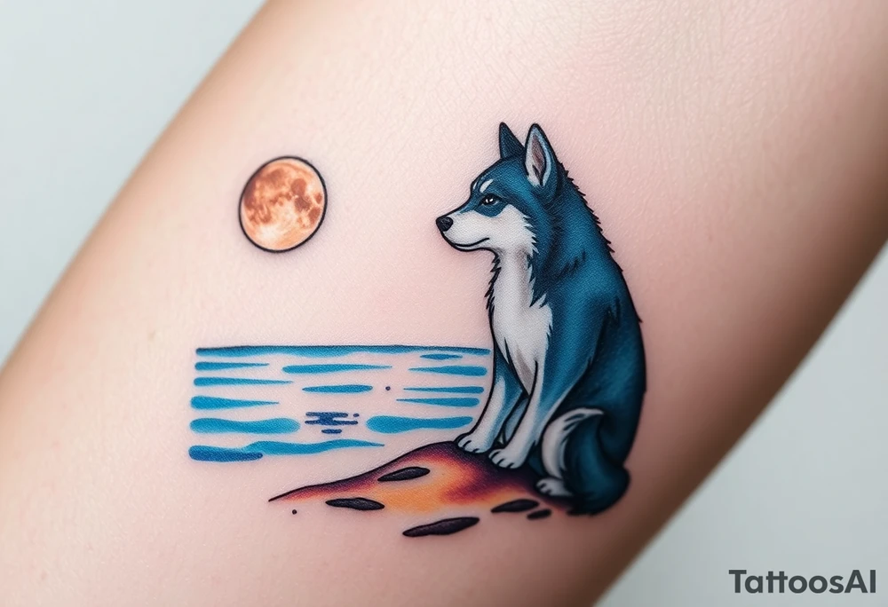 smALL HUSKY LOOKING AT A TRIBAL MOON STANDONG IN THE SAND IN THE SEA WITH THE CONSTALATION OF SAGITARIUS PUT COLOR tattoo idea