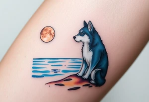 smALL HUSKY LOOKING AT A TRIBAL MOON STANDONG IN THE SAND IN THE SEA WITH THE CONSTALATION OF SAGITARIUS PUT COLOR tattoo idea