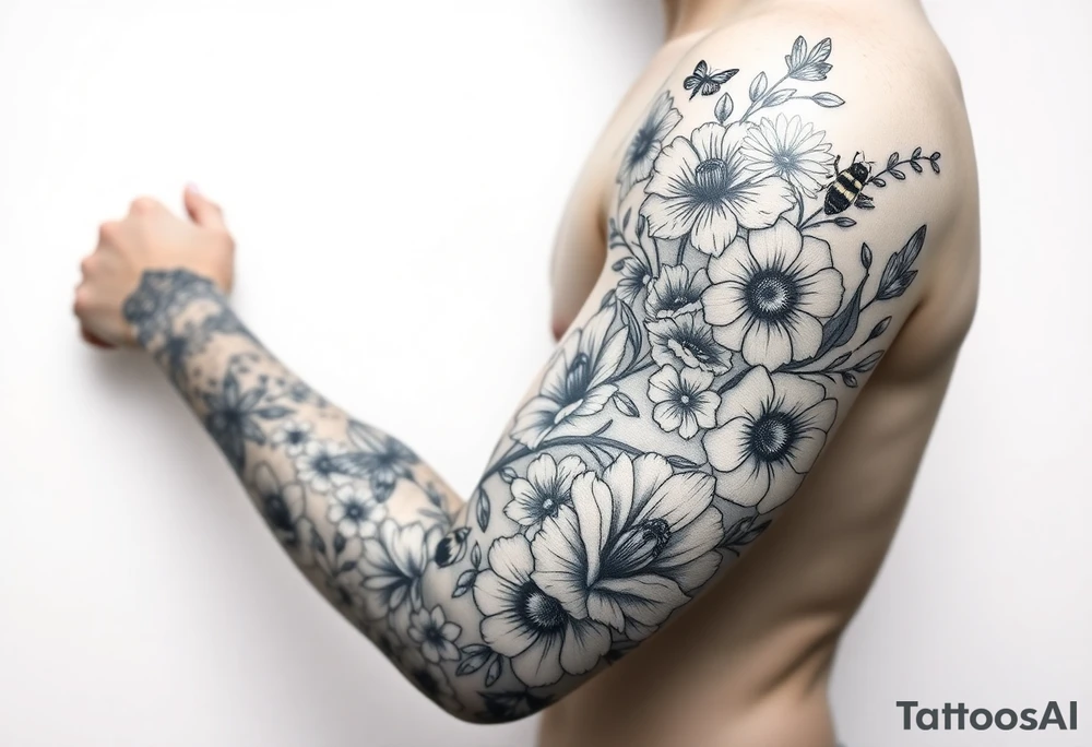 Calia Lily, rose, gadiolus, carnation,Narcissus,poppy, aster, violet ,chrysanthemum, lily of the valley and water lily sleeve on upper arm and shoulder  with bumblebees  and dragonflies on skin tattoo idea