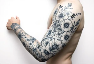 Calia Lily, rose, gadiolus, carnation,Narcissus,poppy, aster, violet ,chrysanthemum, lily of the valley and water lily sleeve on upper arm and shoulder  with bumblebees  and dragonflies on skin tattoo idea