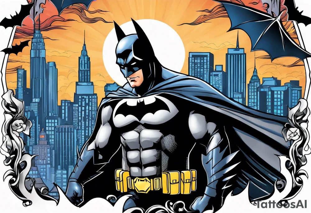 Batman with Batman-Logo and Gotham city in background tattoo idea