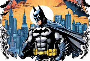 Batman with Batman-Logo and Gotham city in background tattoo idea