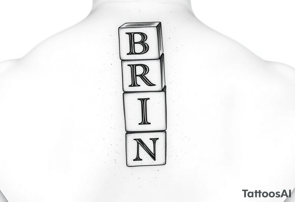 I WANT 5 TOY BABY BLOCKS STACKED ON TOP OF EACH OTHER AND I WANT EACH OF THEM TO HAVE A LETTER IN THEM. B, R, I, A, N THEY SHOULD BE STACKED ON TOP OF EACH OTHER IN 3D tattoo idea