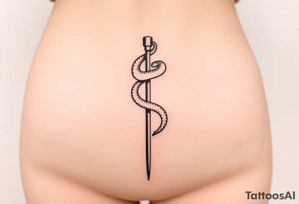 Snake tatto graphic on the hip. Positioned on the hip bone and lower closer to lady parts and leg. Snake symbolically wrapped over the pole (pole dance one). Minimalistic graphic style. Only snake and pole. Positioned horizontally, Pole vertically (not just Pole but a special pole for pole dance, but not to much details). Front view, hip bone is left and lower than belly, only front view. Pole is symbolically outline only like vertical simplified pole without details without beginning and end. Snake is placed diagonally according to the pole, partially wrapped around it and partially positioned on the hip bone from hip bone closer to vagina
No details on Pole. Make it looks just like some Pole without texture, minimalistic, without beginning and end. Please follow instructions very carefully, you are missing them tattoo idea